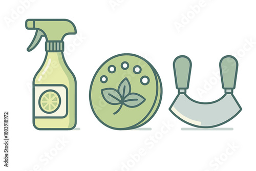 Set of kitchen tools including natural cleaner spray, herb chopping board, and mezzaluna knife