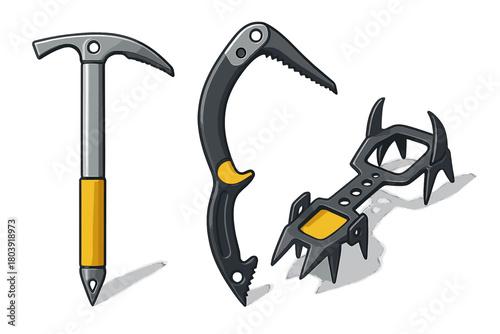 Essential mountaineering equipment set featuring an ice axe, technical climbing tool, and sharp crampons for extreme alpine sports