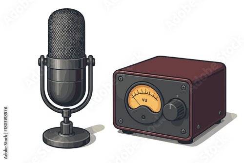 Classic studio microphone and professional audio interface with analog VU meter display