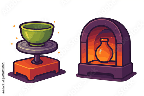 Pottery wheel with clay bowl being formed and ceramic kiln firing a finished vase