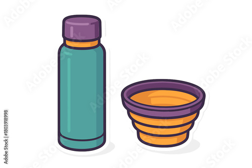 Teal insulated water bottle and orange purple collapsible travel mug for camping gear