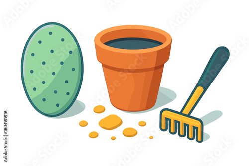 Gardening tools set with terracotta flower pot, green cactus pad, and small hand rake