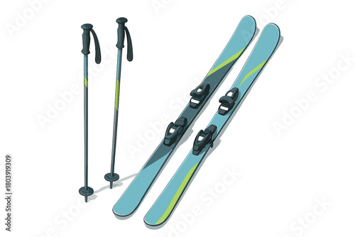 Modern blue alpine skis and ski poles ready for winter sports activities