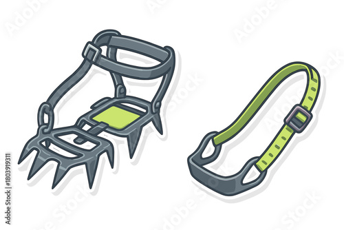 Professional climbing gear set including spiked crampons and adjustable safety strap