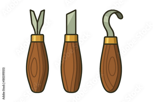 Hand tools for wood carving including V-gouge, straight chisel, and hook knife