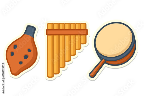 Set of three traditional musical instruments: ocarina, pan flute, and hand drum
