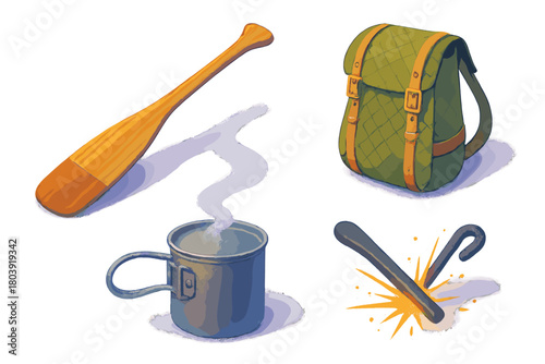 Camping and hiking gear set including backpack paddle mug and fire starter tool