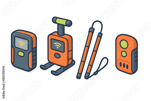 Collection of outdoor electronic devices and trekking poles in isometric view