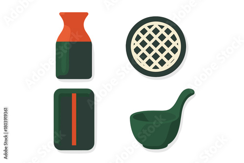 Modern minimalist home decor objects set featuring vase tray and scoop in dark green and terracotta