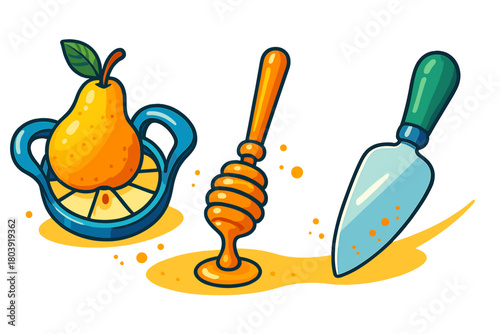 Stylized kitchen gadgets collection featuring a pear slicer, honey dipper, and serving knife