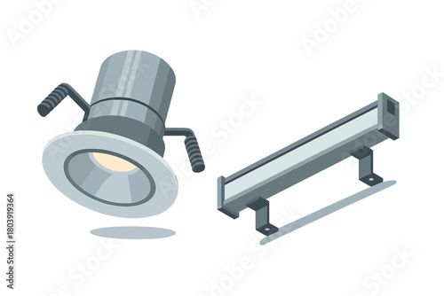 Set of modern architectural lighting fixtures including recessed downlight and linear surface mount