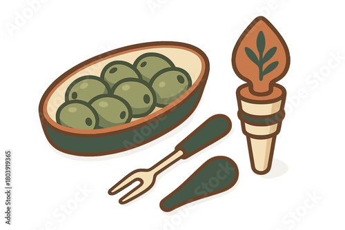 Green olives in serving dish with appetizer fork and decorative wine bottle stopper