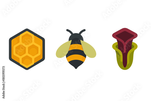 Striped honey bee, yellow honeycomb structure, and carnivorous pitcher plant design elements