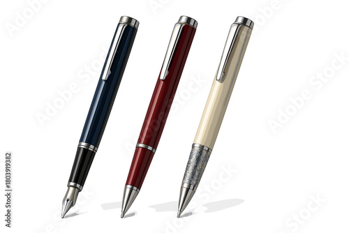 Three elegant luxury pens in blue, burgundy, and cream colors for business writing