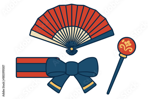 Traditional Korean accessories set featuring a folding fan, decorative ribbon, and ceremonial staff