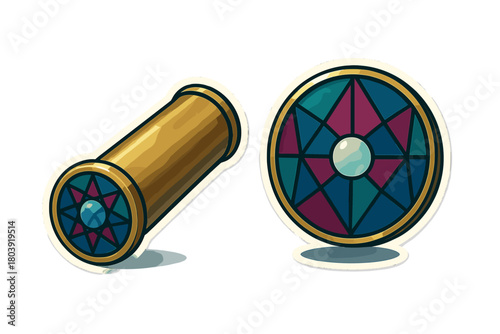 Golden magical spyglass with circular lens showing colorful geometric pattern and shiny central gem