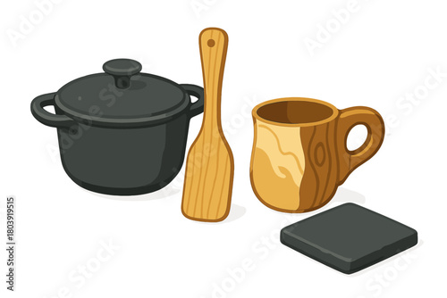 Rustic kitchenware set with cast iron pot, wooden spatula, and carved mug on white background