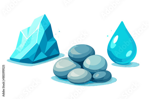 Faceted blue ice crystal, smooth gray river stones, and a glossy water droplet