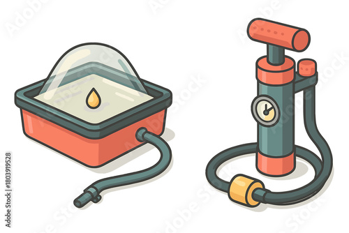 Hand air pump with pressure gauge and sealed container for testing equipment