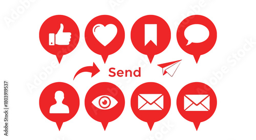 Social media icons and communication symbols arranged in a dynamic layout with a send arrow