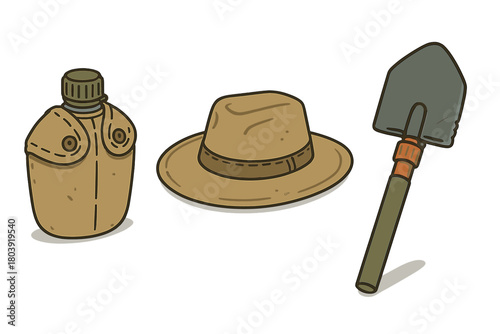 Essential outdoor exploration gear set including canteen hat and shovel