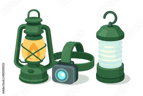 Collection of camping lanterns and headlamp, essential lighting tools for hiking