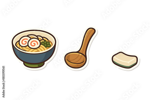 Traditional Japanese food items featuring ramen bowl, wooden ladle, and tofu block