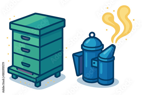 Traditional wooden beehive and blue bee smoker emitting smoke, essential beekeeping tools