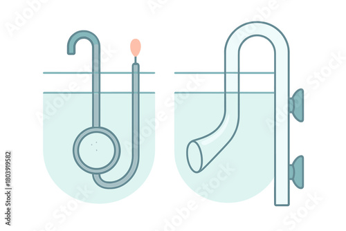 Aquarium filter pipes set showing inflow surface skimmer and outflow pipe submerged in water