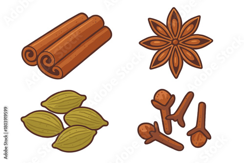 Aromatic cooking spices set featuring cinnamon sticks, star anise, cardamom pods, and cloves