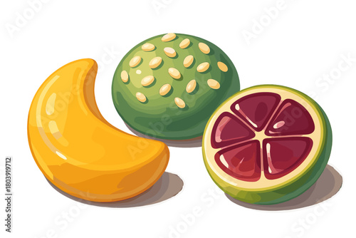 Three glossy stylized fruit-shaped candies: yellow crescent, green sphere, and sliced red citrus piece