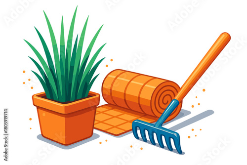 Vibrant potted plant, rolled sod, and garden rake for lawn care activities
