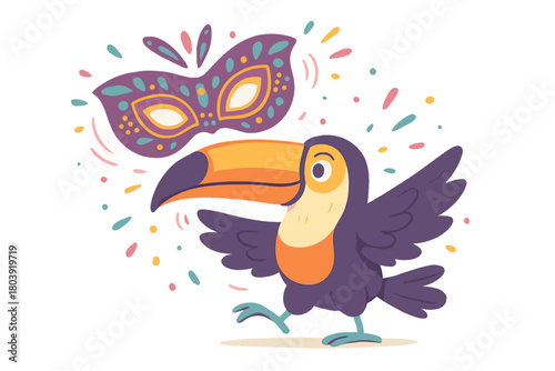 Cheerful toucan bird celebrating carnival wearing a purple masquerade mask with colorful confetti
