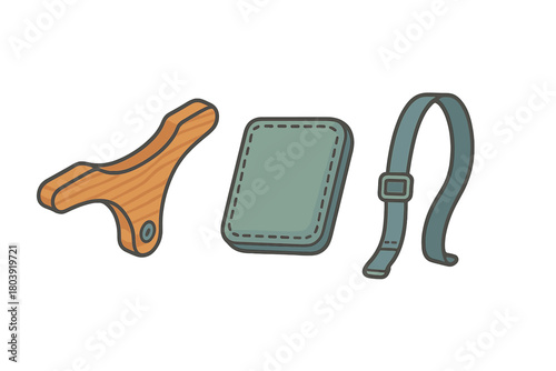 Outdoor survival and camping gear components including wooden handle, stitched pad, and adjustable strap