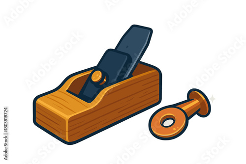 Traditional wooden hand plane tool with wood shaving