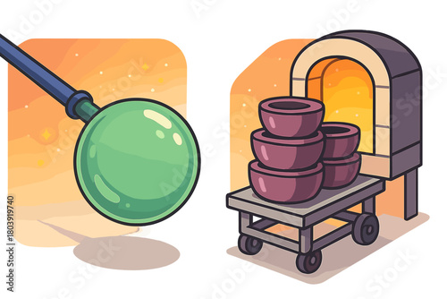 Glassblowing process with molten glass bubble and ceramic pottery bowls near a hot kiln furnace