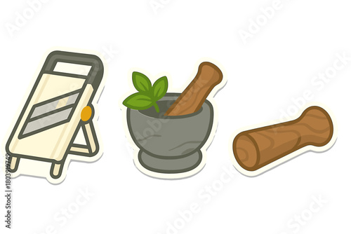 Essential kitchen tools set featuring a mandoline slicer and a mortar and pestle with fresh herbs