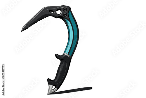 Technical ice climbing tool with curved shaft and serrated pick for alpine mountaineering