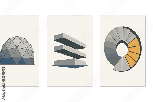 Minimalist geometric abstract triptych featuring a geodesic dome, stacked rectangles, and a segmented circular chart design