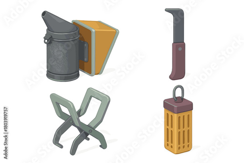 Essential beekeeping tools set including smoker, hive frame grip, queen cage, and hive tool