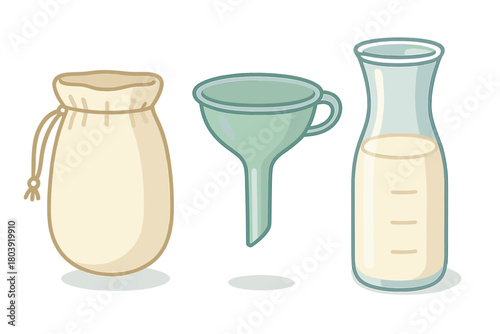 Equipment set for making homemade plant-based milk, featuring a straining bag, funnel, and glass carafe