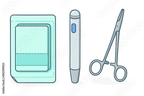 Sterile medical supplies including surgical forceps, packaged gauze, and diagnostic penlight