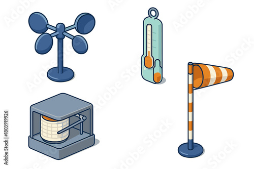 Isometric icons of meteorological equipment including windsock, thermometer, and weather gauges