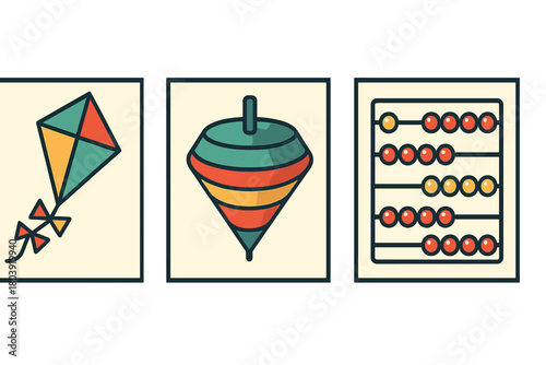 Colorful retro style kite, spinning top, and educational abacus graphic set