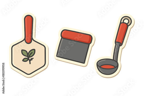 Set of cooking and baking utensils featuring a pizza peel, bench scraper, and soup ladle in sticker style