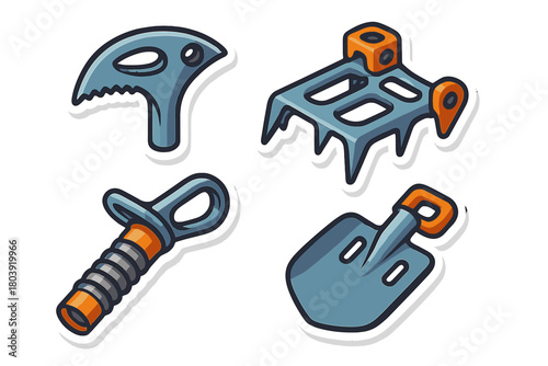 Mountaineering and ice climbing equipment collection including crampons, ice screw, and shovel