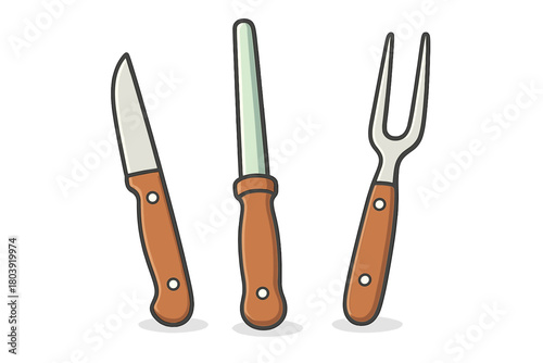 Essential carving set featuring a sharp knife, honing steel, and two-pronged meat fork with wooden handles