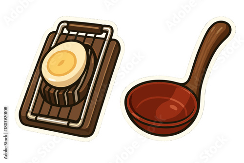 Stylized kitchen utensils set featuring an egg slicer holding a boiled egg slice and a wooden ladle