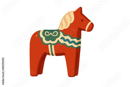 Traditional Swedish Dala horse with decorative saddle and mane on white background