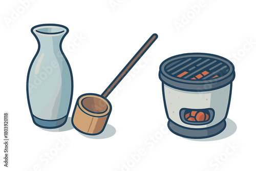 Traditional Japanese sake bottle, wooden ladle, and small charcoal grill set